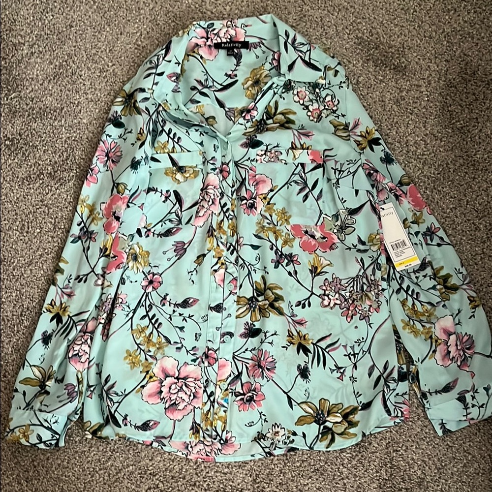 Relativity Pink and Red Button Down Shirt with Notched Collar